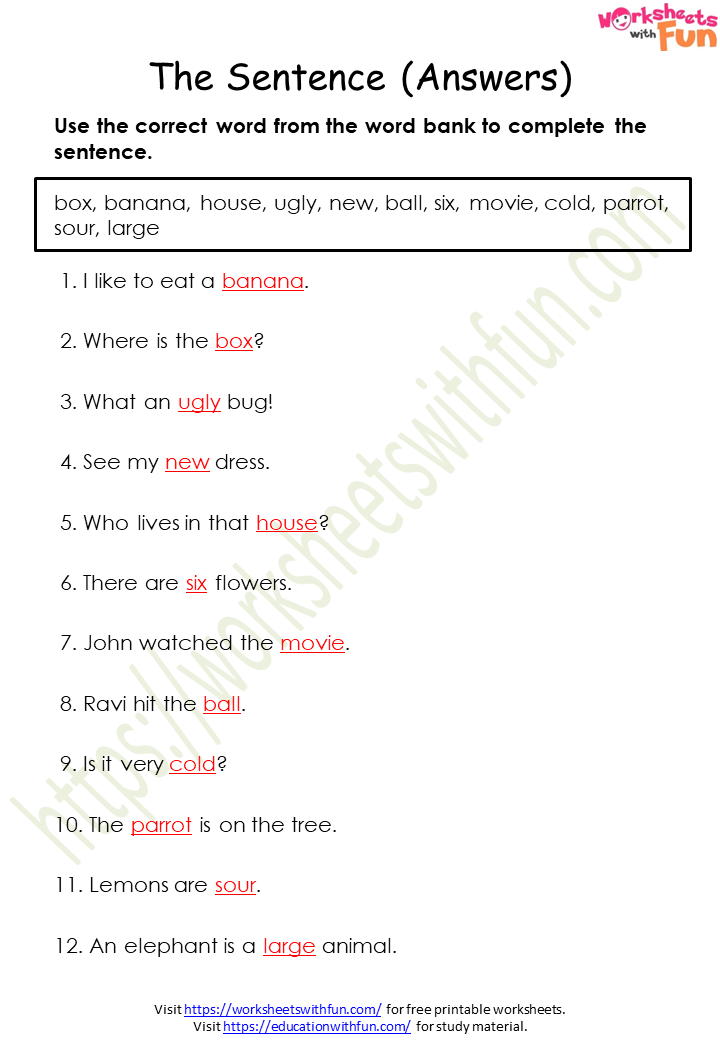 English Class 1 The Sentence Worksheet 2 Answers 